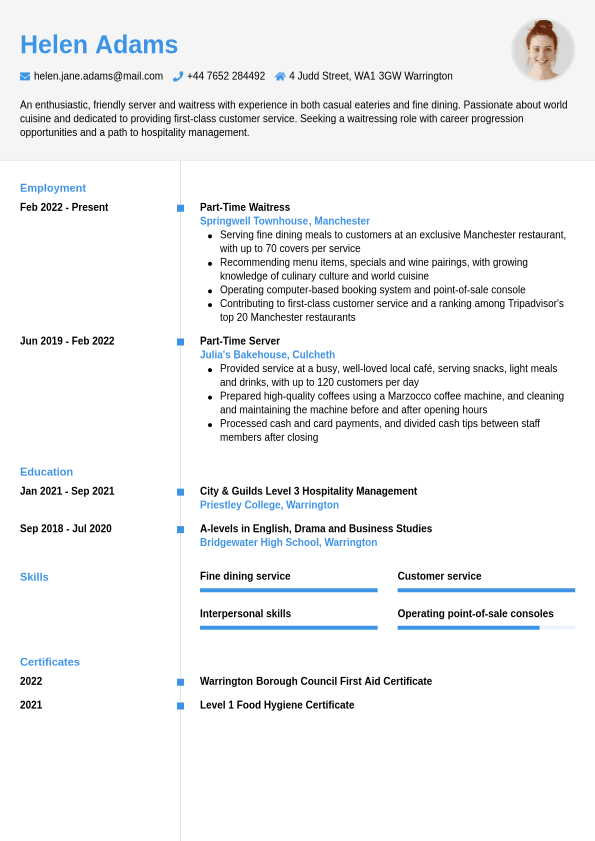 Waiter Waitress Cv Example Jobseeker