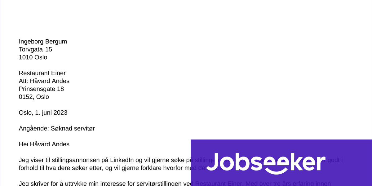 Servitør Jobbsøknad eksempel Jobseeker