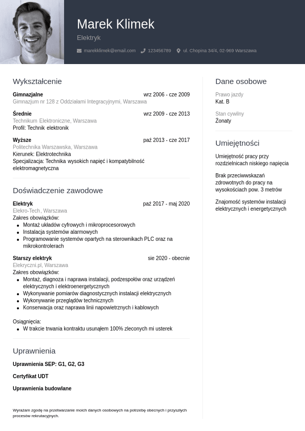 Przykładowe CV Elektryka | Jobseeker