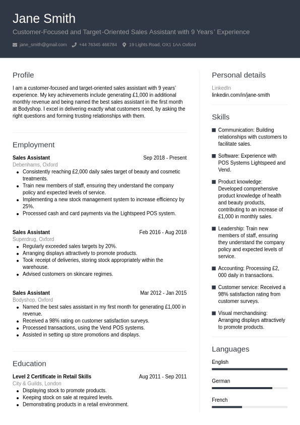 Cv Example Sales Assistant 