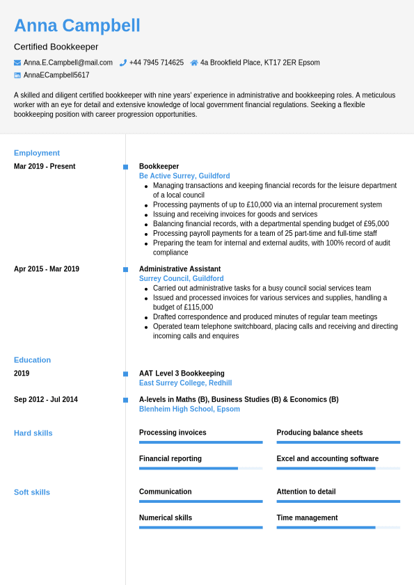 Bookkeeper CV Example | Jobseeker