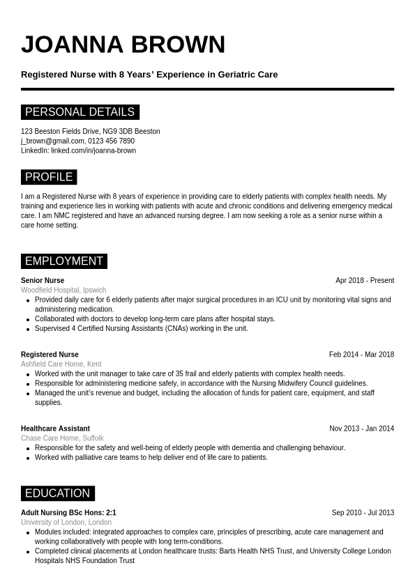 CV Example Nurse | Jobseeker