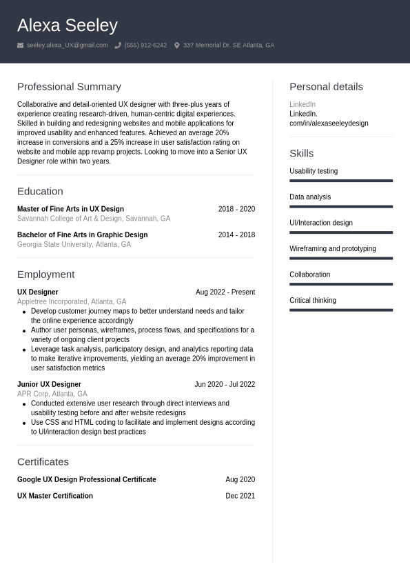 UX designer resume example | Jobseeker