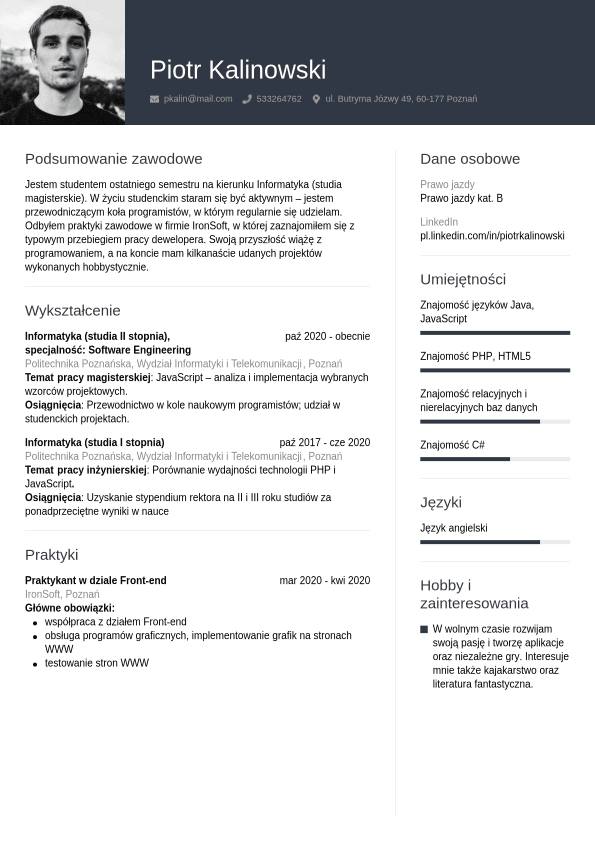 Przykład CV Studenta | Jobseeker