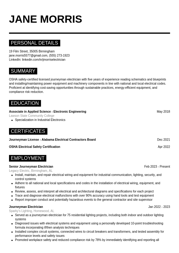 Electrician Resume Example 