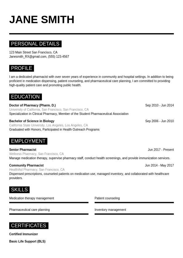 Pharmacist Resume Example | Jobseeker