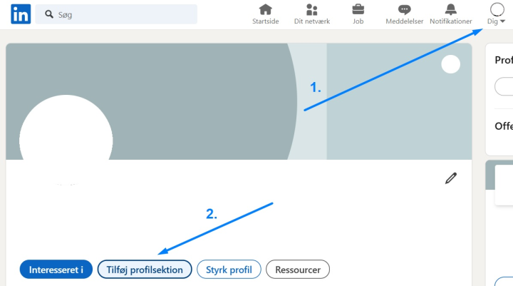 Screenshot der viser knappernes placering på brugergrænsefladen i trin 1 og 2, når man lægger et CV ind på sin LinkedIn-profil