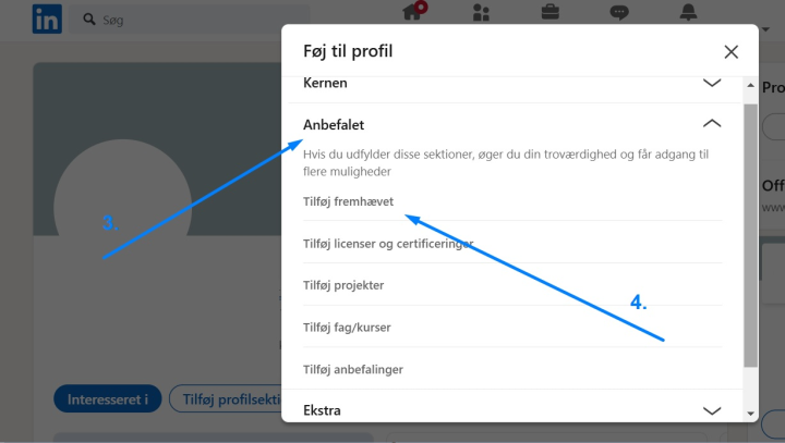 Screenshot der viser knappernes placering på brugergrænsefladen i trin 3 og 4, når man lægger et CV ind på sin LinkedIn-profil