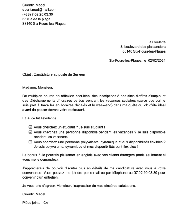 Exemple de lettre de de motivation humoristique