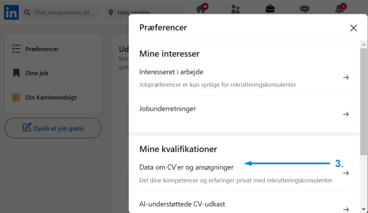 Screenshot der viser knappernes placering på brugergrænsefladen i trin 3, når man uploader et CV til LinkedIn Recruiter