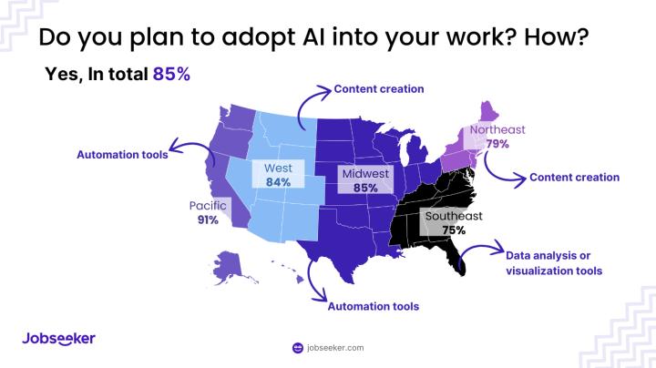 The US map of adopting AI into their work per state and region