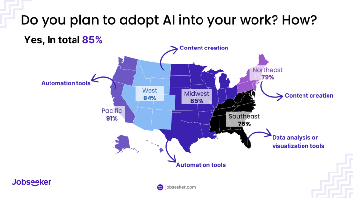 The US map of adopting AI into their work per state and region