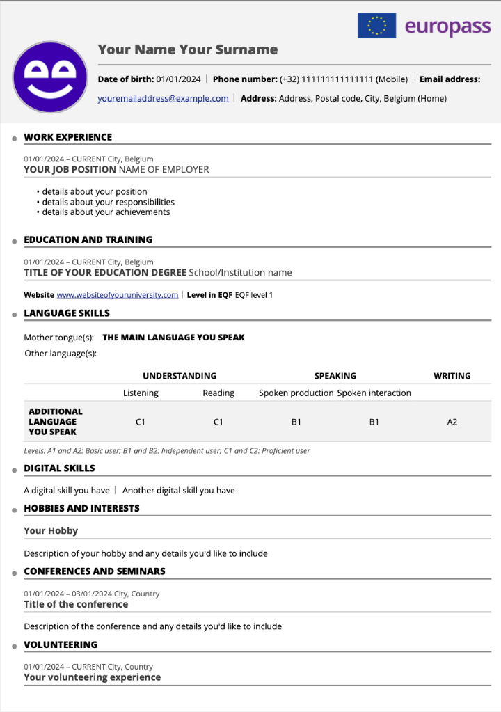 Eksempel på et Europass-CV