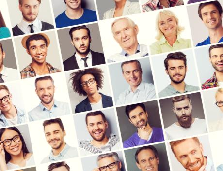 Volti di uomini e donne con varie espressioni in formato fototessera per rappresentare foto nel curriculum vitae