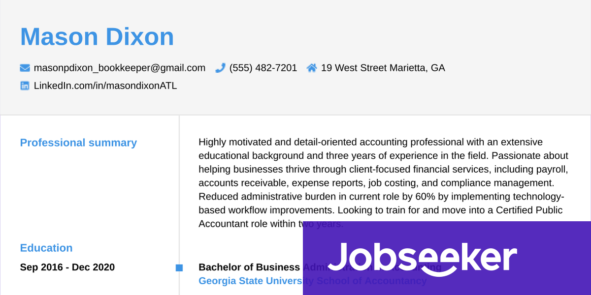 Bookkeeper resume example | Jobseeker